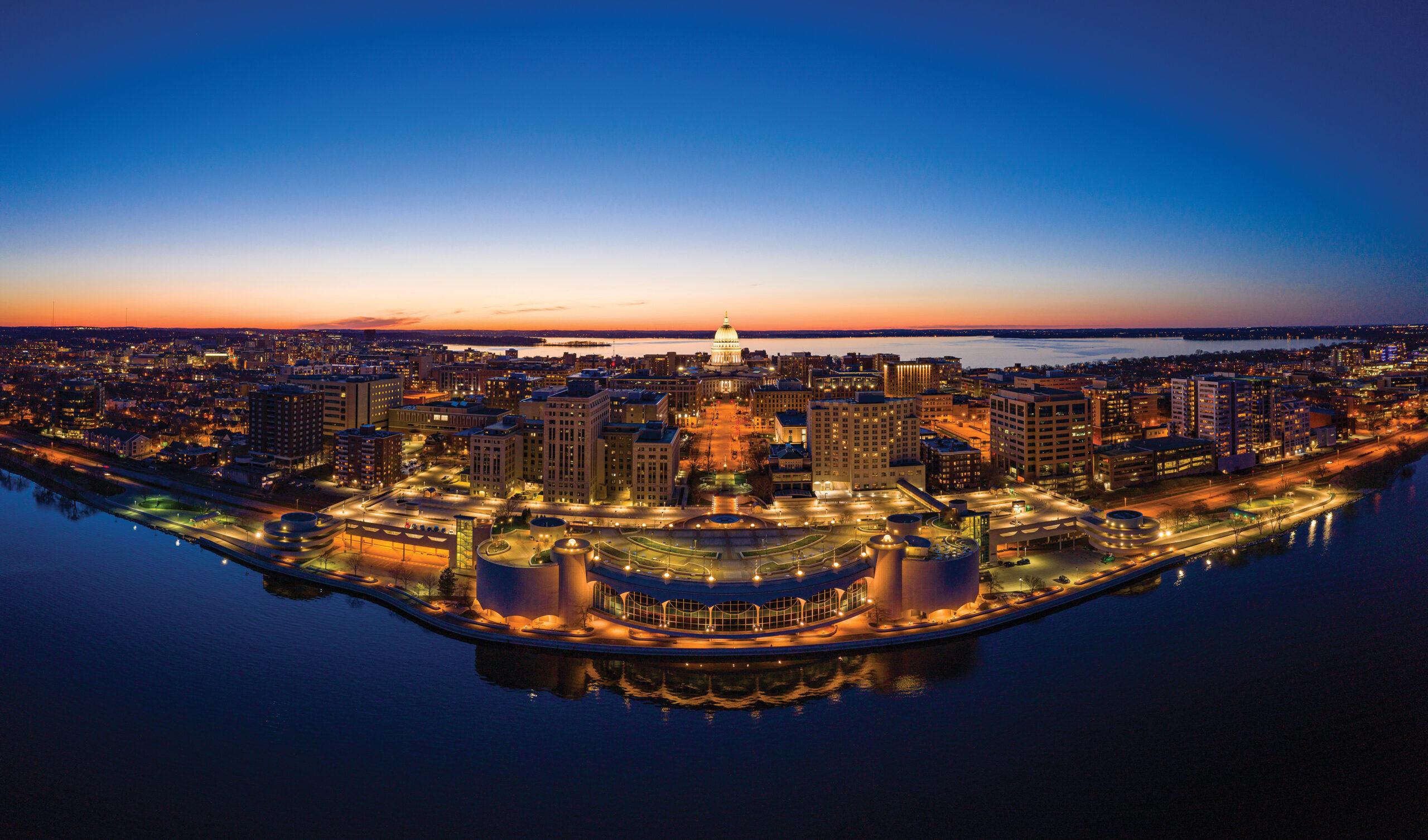 Madison isthmus and capital at dusk