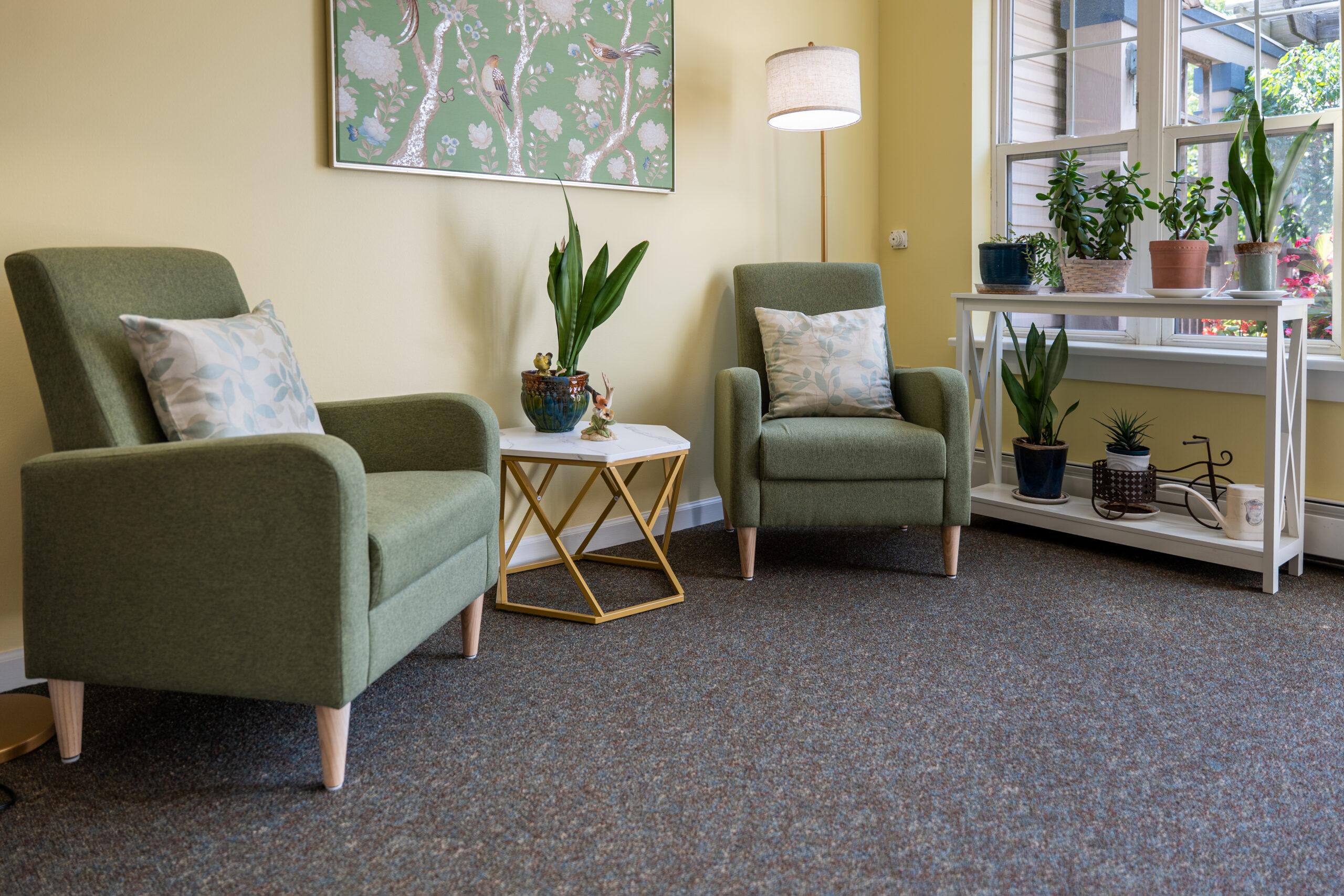 A gathering area with chairs and plants.