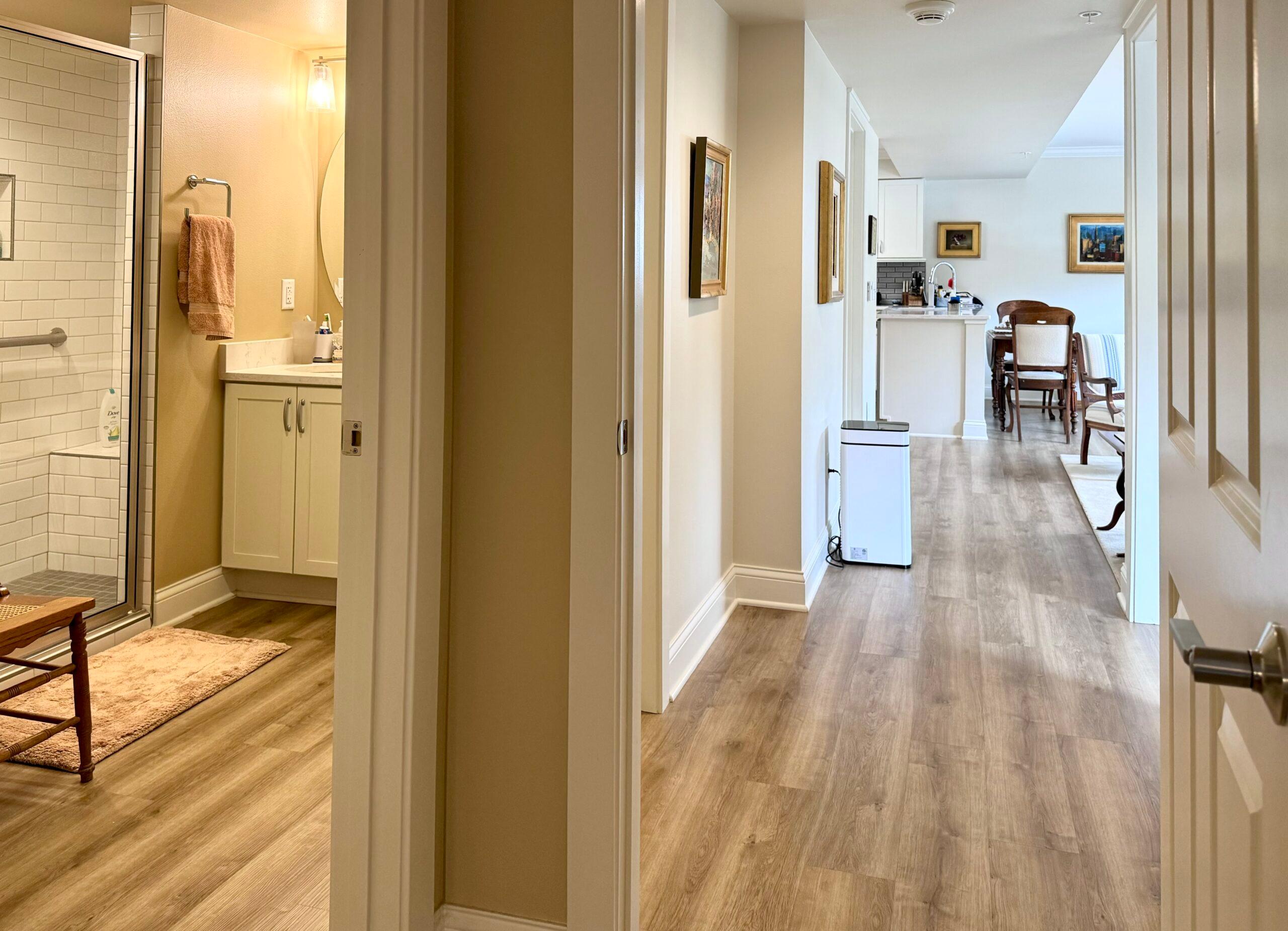 A hallway and bathroom in the Monroe residence.